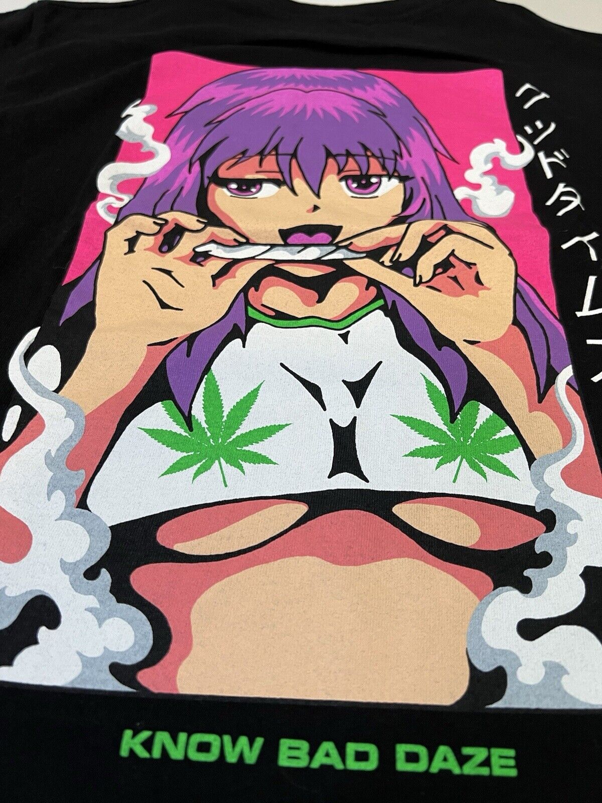 Men's Waifu Smoking Know Bad Daze Anime Girl Halfboob Stoner Graphic Shirt Adult