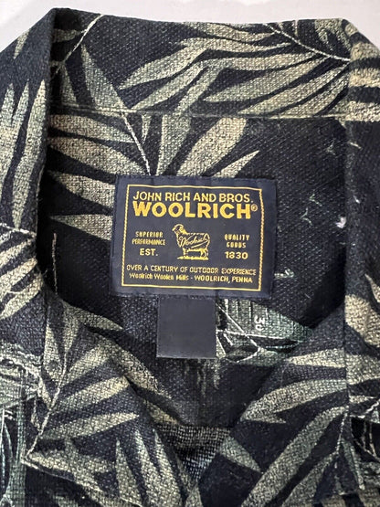 WOOLRICH Hawaii Shirt Blue Palm Trees Boats Mens Large s/s Button Up Woven